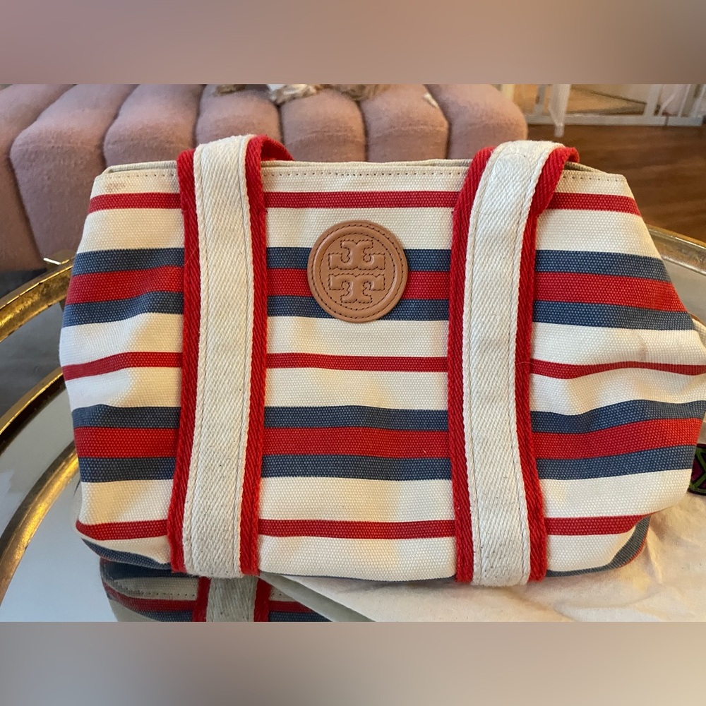 Tory Burch Red, Navy & Cream Striped Canvas Tote